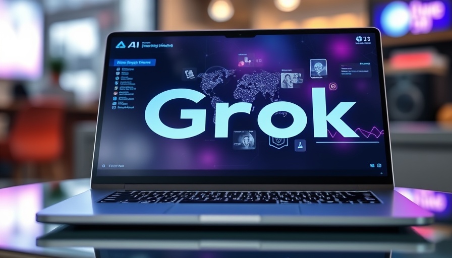 Reflective laptop screen shows AI interface 'Grok' in action.