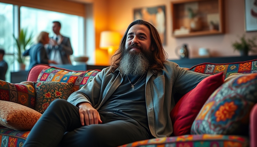 Casual man seated on a colorful sofa in cozy home design setting.