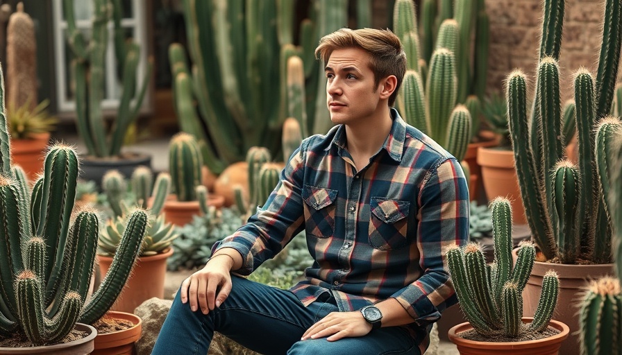 Man in plaid shirt sitting among cacti and potted plants, home design inspiration.