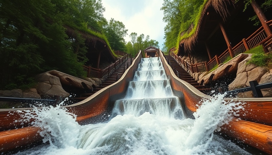 Stanley Falls Flume ride descending steep slide with lush backdrop.
