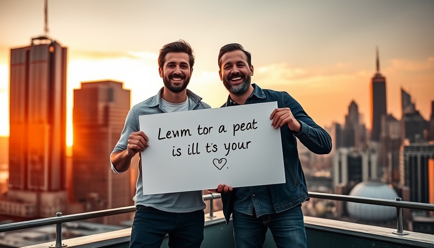 Two men with a sign on rooftop at sunset, AI in real estate industry context.