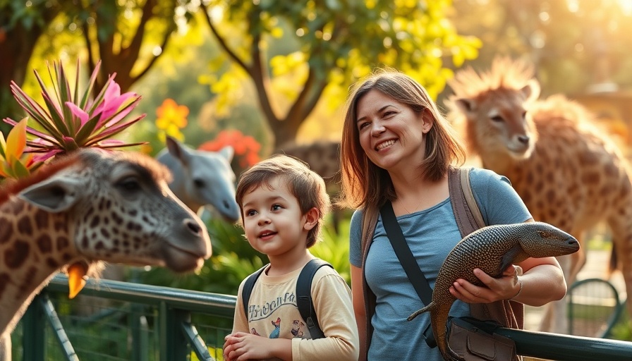 Family enjoying a sunny day at the zoo, observing animals.