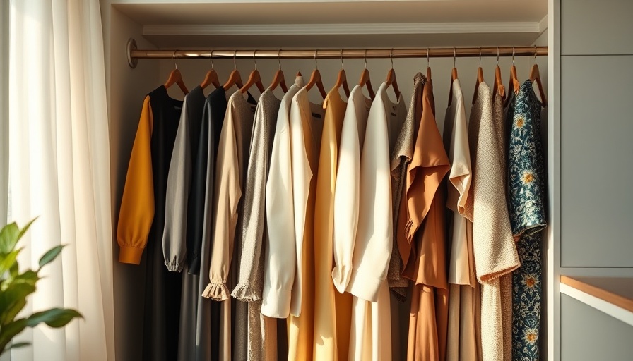 Chic closet showcasing elegant clothing, modern home design.