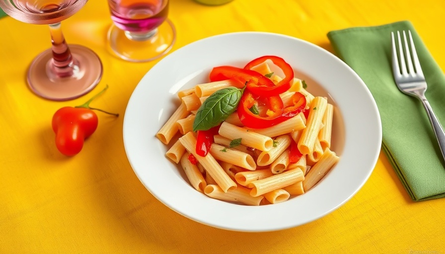 Colorful Chicken Riggies recipe with basil and peppers on table.