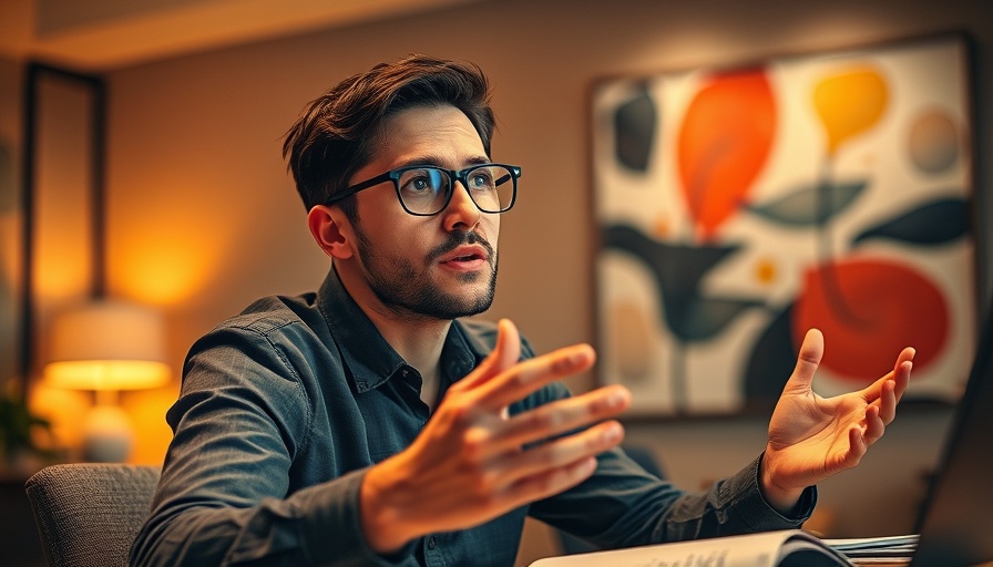 Young man explaining confidently about AI's impact on jobs, informative setting.