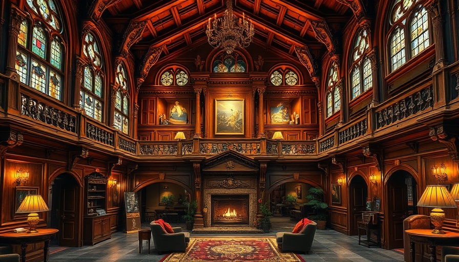 Luxurious Gothic hotel lobby with intricate wood carvings, showcasing where to stay in Chicago for food lovers.