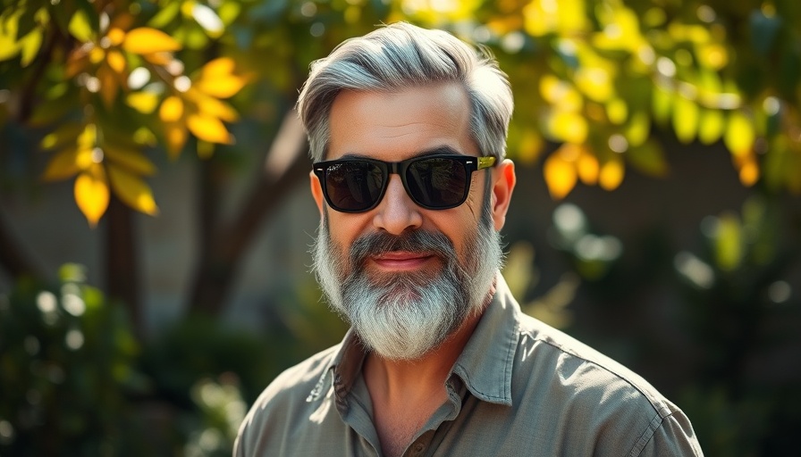 Man wearing Jacques Marie Mage sunglasses in sunny garden setting.