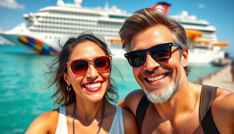 Star of the Seas Cruise: Smiling couple with cruise ship and blue sea.