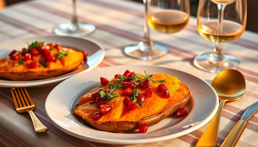 Fine dining sweet potato recipes adorned with herbs and pomegranate.