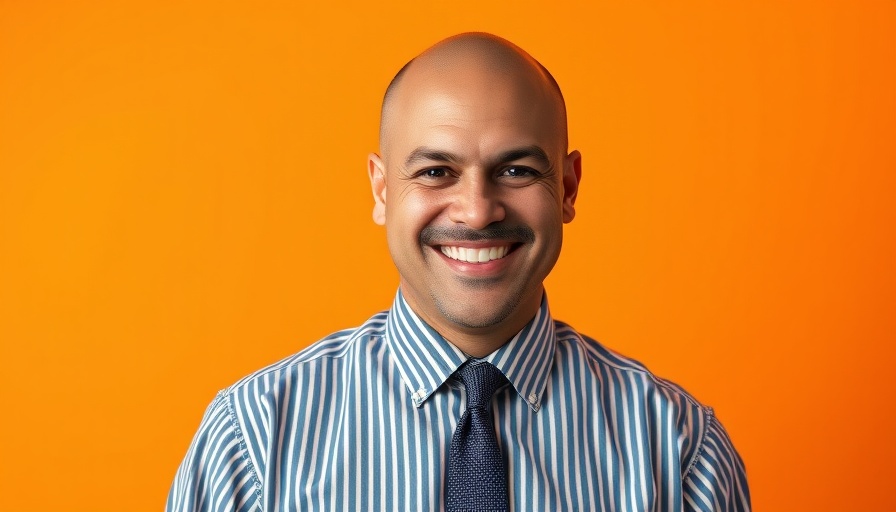 Confident smiling man in business attire against orange background, minimalistic.