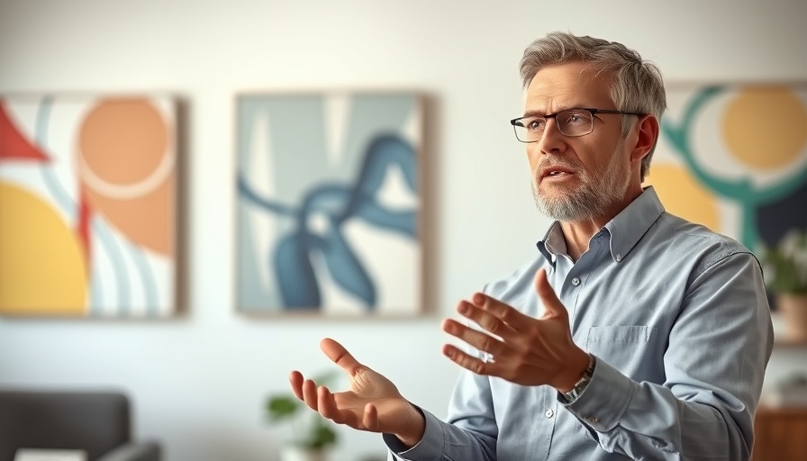 Middle-aged professional discussing AI image generation in office.