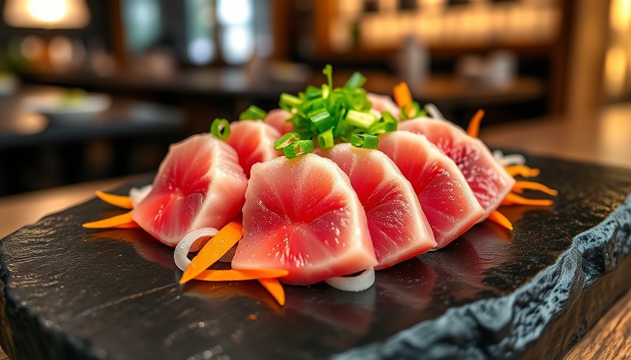Nikkei cuisine on Long Island showcasing vibrant tuna sashimi artfully presented.