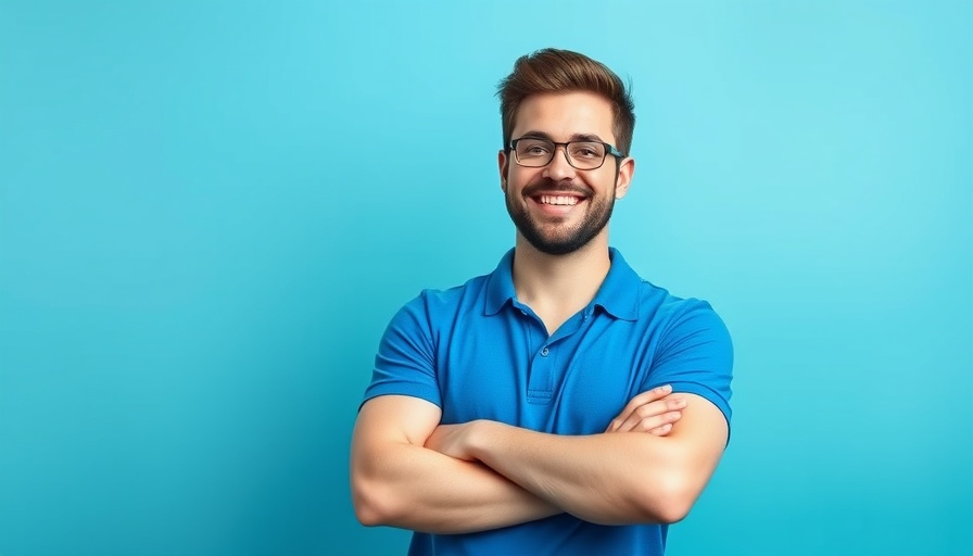 Smiling man discussing AI data quality importance in a digital poster.