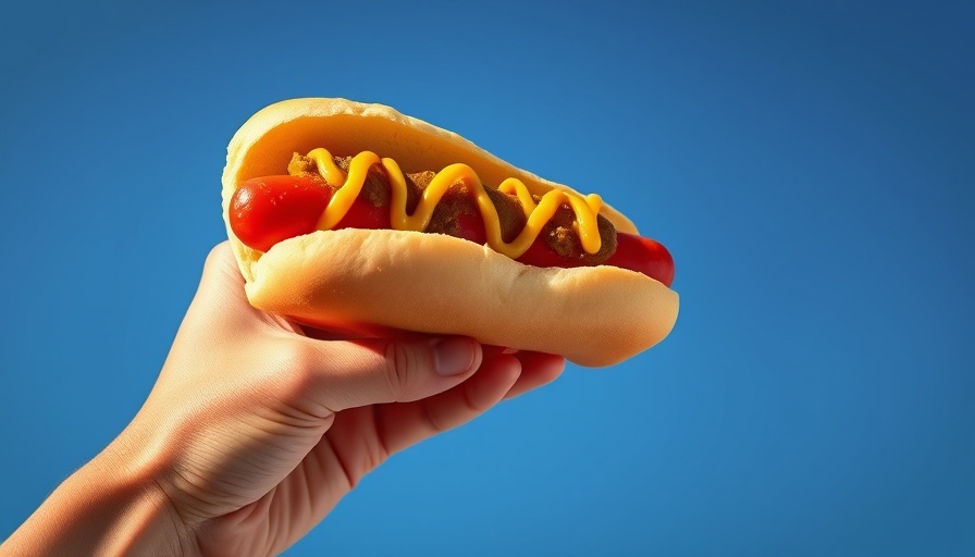 Copenhagen Airport hot dog in hand against blue sky.