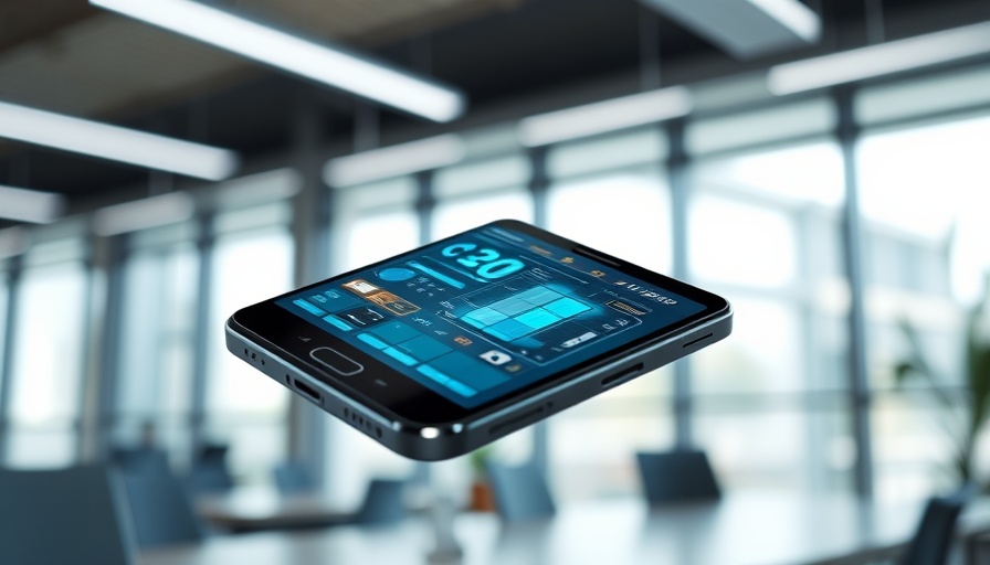 Futuristic smartphone floating in modern office, latest AI news 2025.