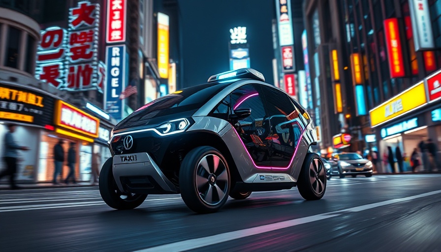 Sleek autonomous robotaxi in neon-lit city, night scene.