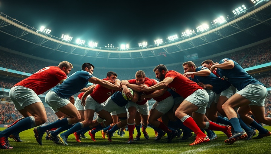 Intense rugby scrum under bright lights in a stadium, demonstrating teamwork and strategy, capturing business leadership lessons from rugby.