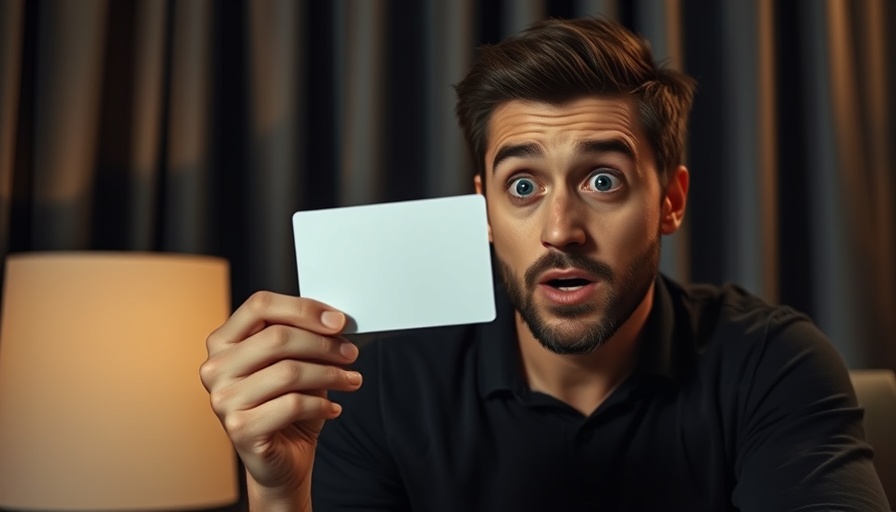 Surprised man holding a card indoors, home design background