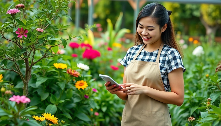 Young gardener using smartphone in lush green garden, showcasing best apps for home gardeners.