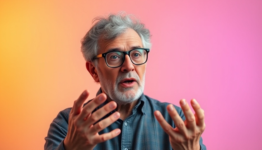 Older man speaking with colorful gradient backdrop, AI automation for entrepreneurs.