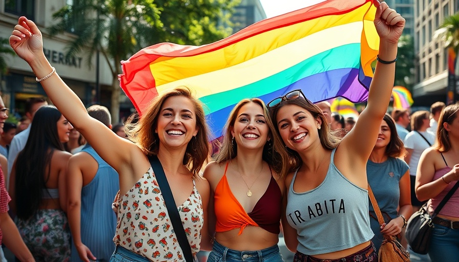 Joyful women at Come Out With Pride Festival Orlando celebrating with rainbow flag.