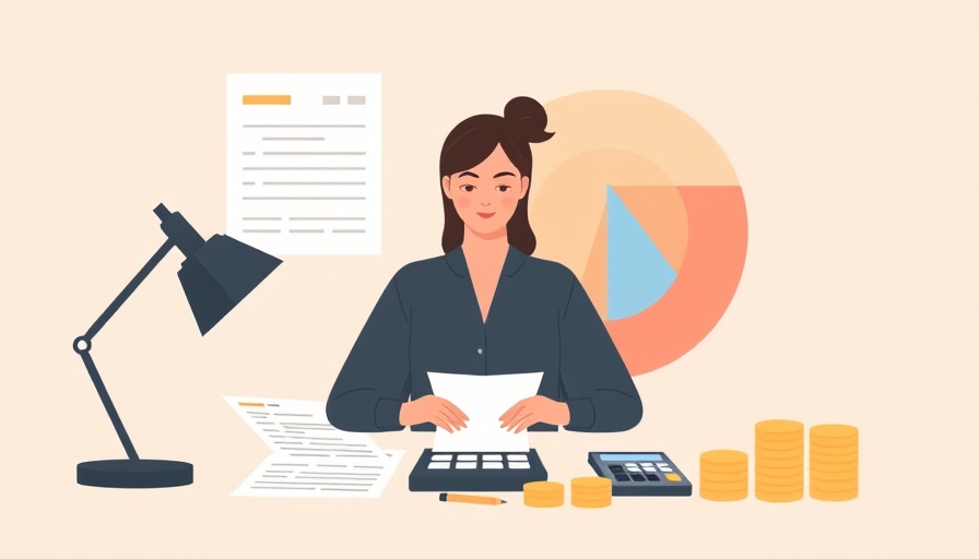 Illustration for important payroll responsibilities with woman at desk, calculator, documents, and pie chart.