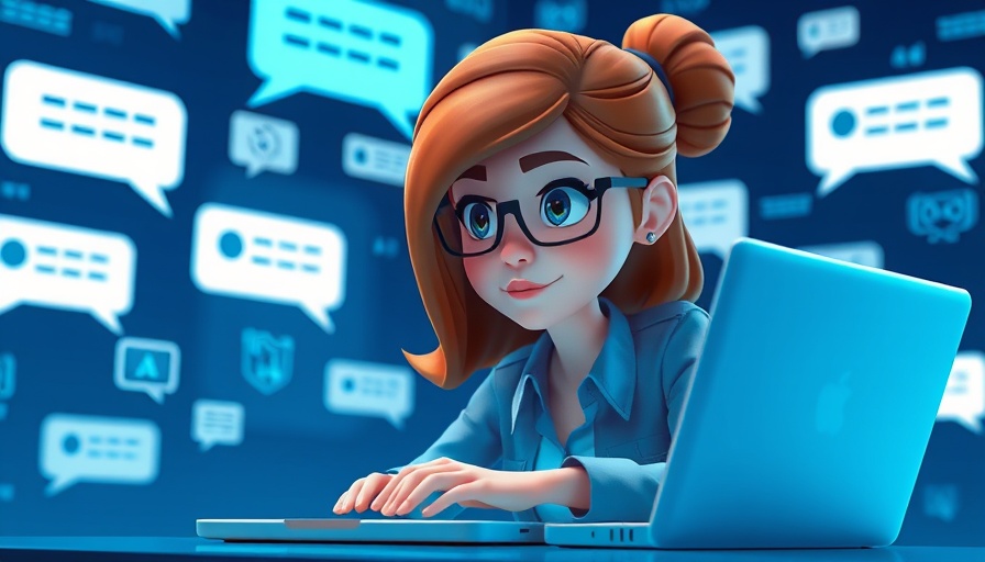 AI analytics for customer service illustration, woman at laptop with AI symbol.