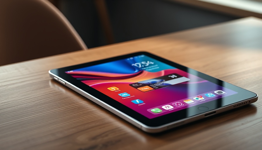 Tablet showcasing home screen on wooden table, best new tech gadgets 2025.