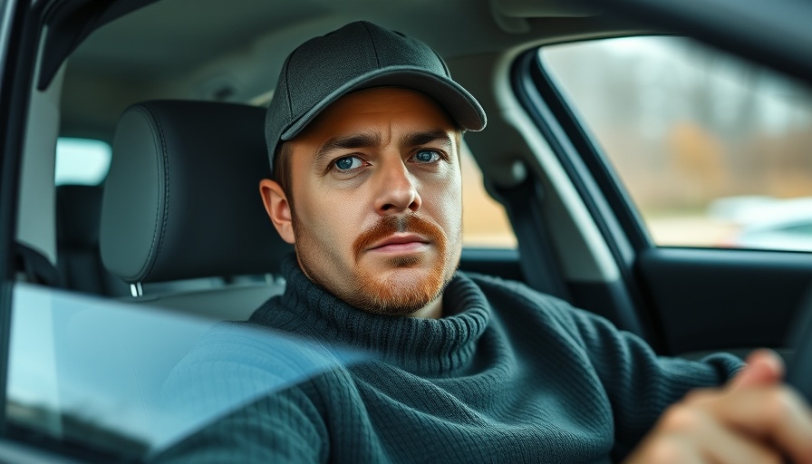 Man cautioning against credit card risks in a car with text overlay.