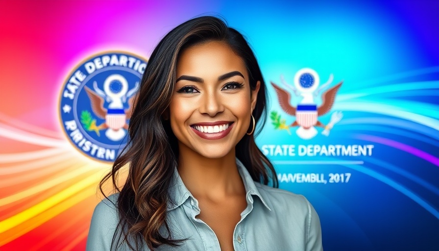 AI at the U.S. State Department: Woman smiling on vibrant background.
