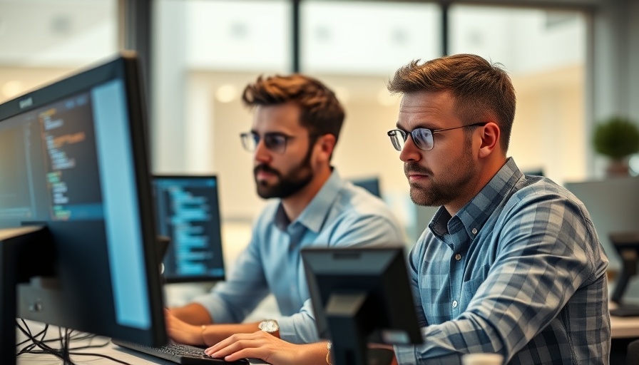 Office workers discussing coding on computers, highlighting AI skills gap.