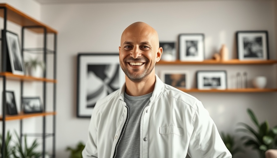 Bald man in a white jacket smiling in a modern home design setting.