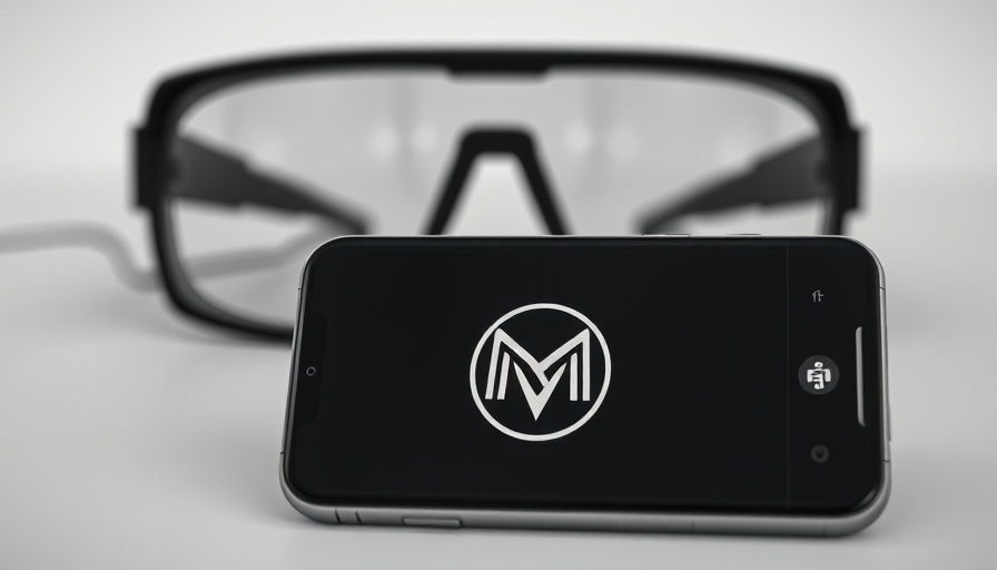 Meta logo on phone with AR glasses in background.