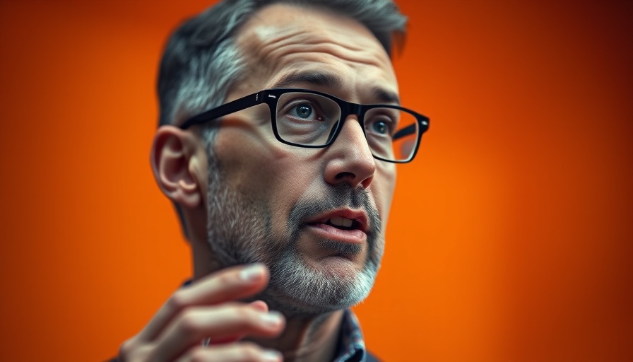 Man speaking at conference with abstract background, AI automation for entrepreneurs.