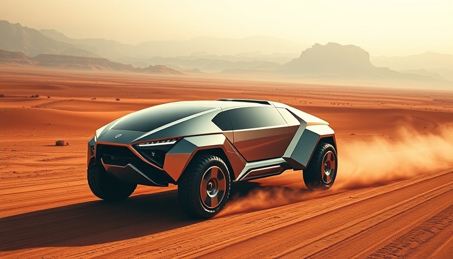 Futuristic Cybertruck cruising through red desert landscape.