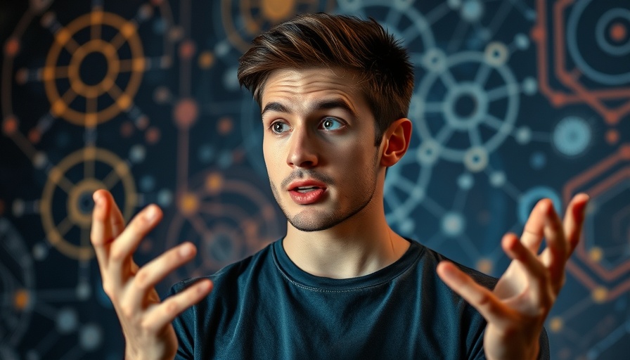 Young man discussing AI's ethical use, abstract backdrop.