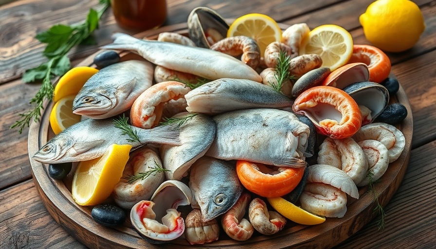 Appetizing British seafood platter on rustic table.