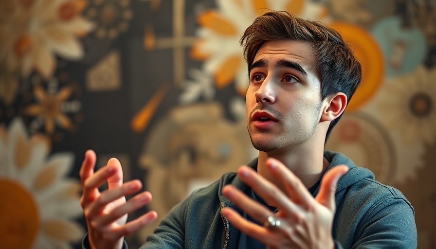 Focused young man discussing art with expressive gestures in a cinematic setting.
