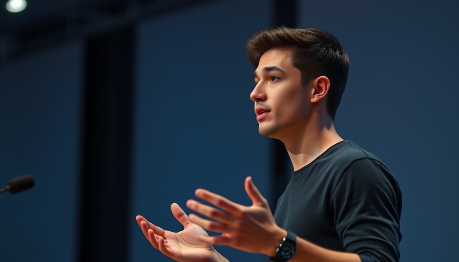 Man speaking on stage about best new tech gadgets 2025, minimalist background.