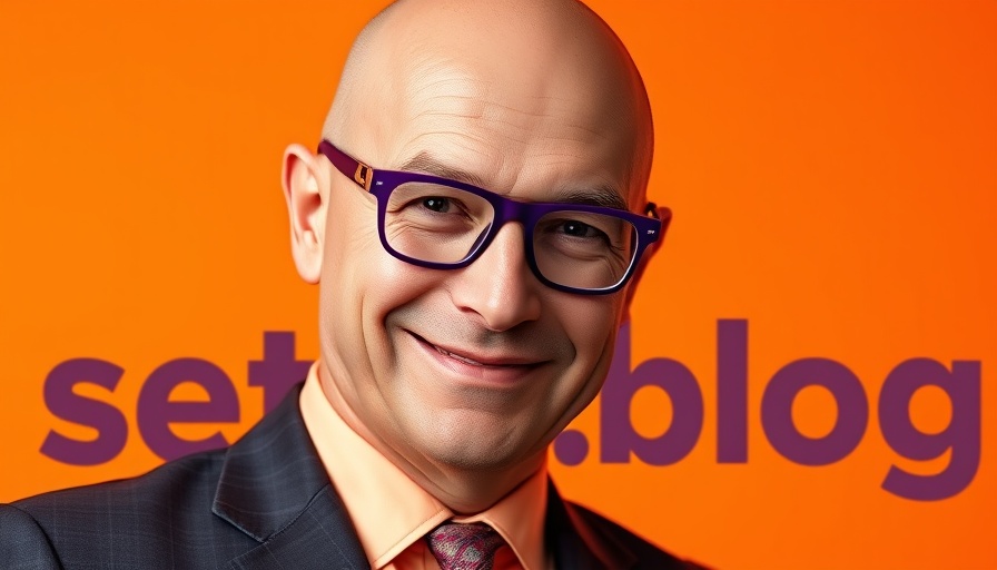 Portrait of a man with purple glasses on an orange background with bold text.