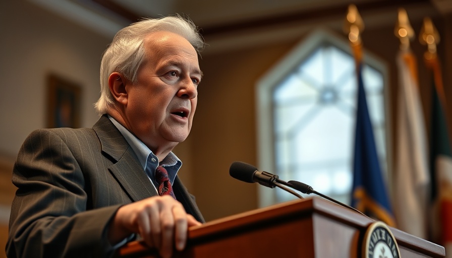 Older male delivering testimony in an official setting.