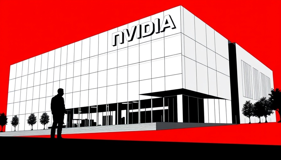 Graphic of person inspecting Nvidia building amid China semiconductor investigation impact.