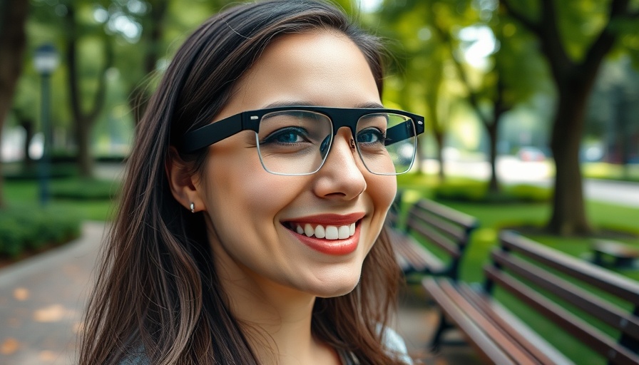 Woman with AI-powered glasses smiling in a park.