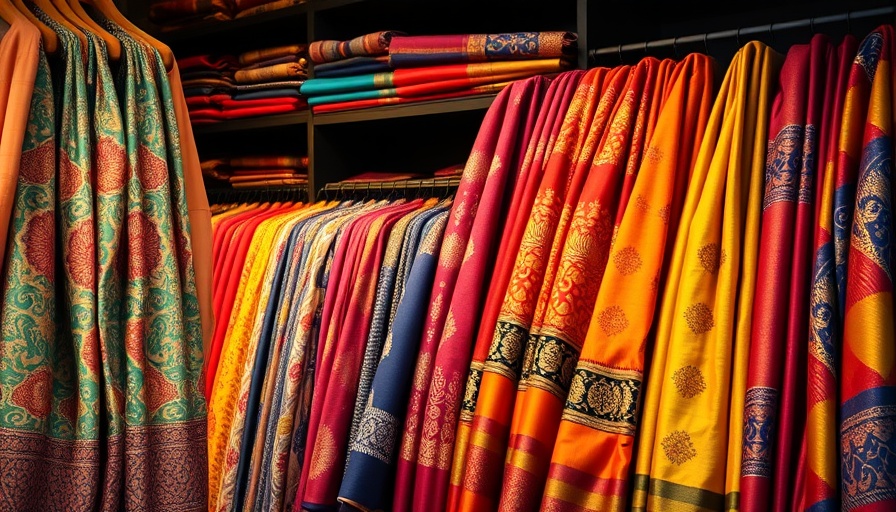 Colorful sarees arranged, highlighting sustainable fashion.
