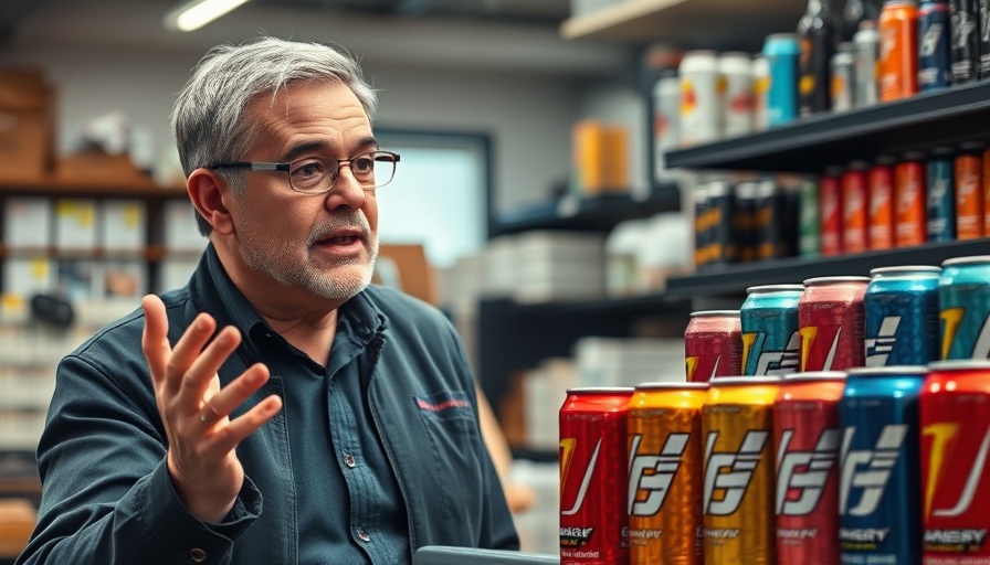 Man explaining energy drinks, vibrant business presentation indoors.