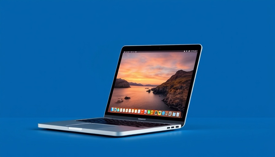 Refurbished MacBook Air for professionals with vibrant screen on blue background.