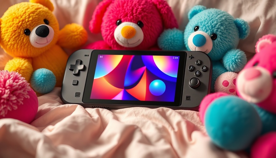 LCD Steam Deck with game screen, surrounded by plush toys, soft lighting.