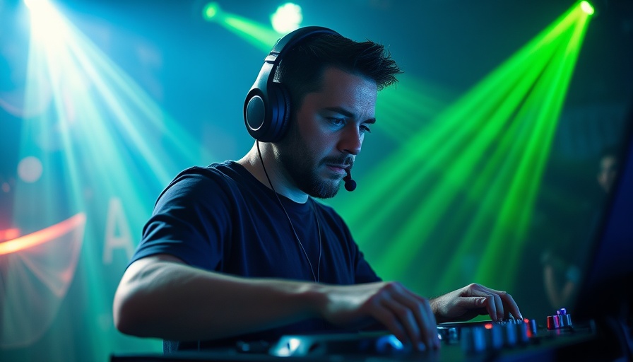 DJ with headphones performing in a club with dynamic lighting.