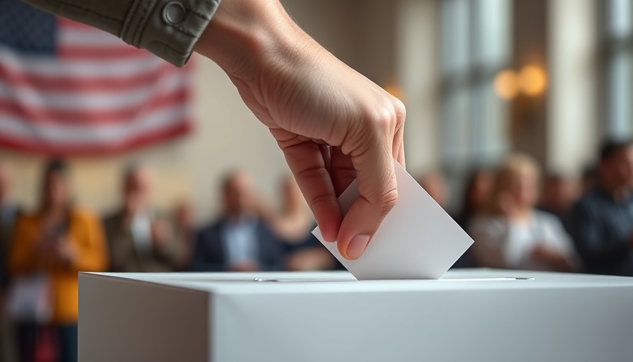 Close-up of vote being cast in ballot box with blurred background.