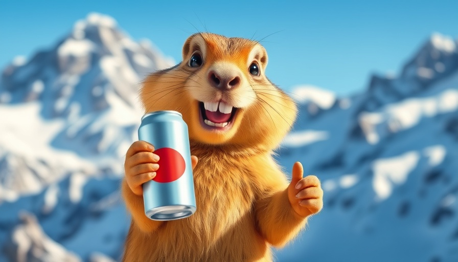 Cartoon marmot with can in snowy mountains, AI Image Generation Technology.
